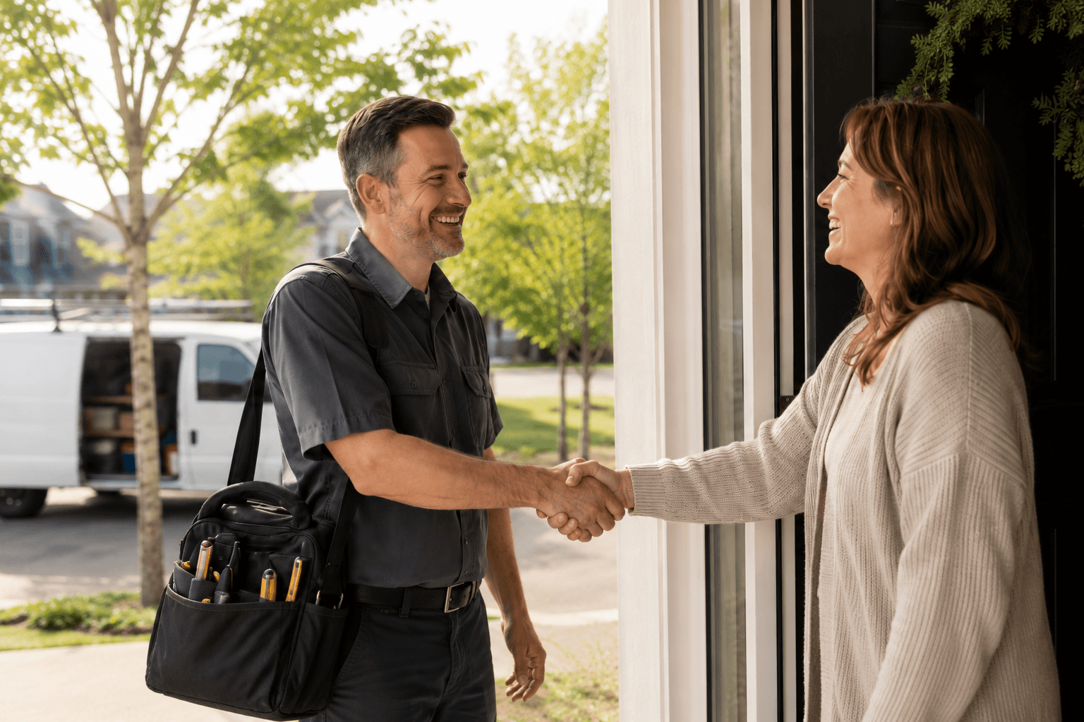 A home service pro with a tool bag shaking hands with a homeowner at their front door.