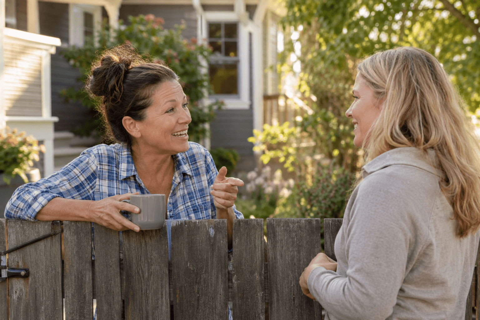 Two neighbors chatting over a backyard fence, one giving the other a recommendation for a home-service pro.