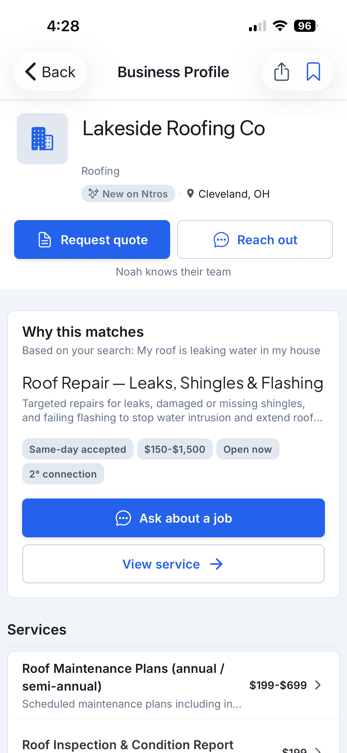 Ntros business profile for a roofing pro showing why it matches the homeowner's problem, that a friend knows their team, pricing, and next actions.