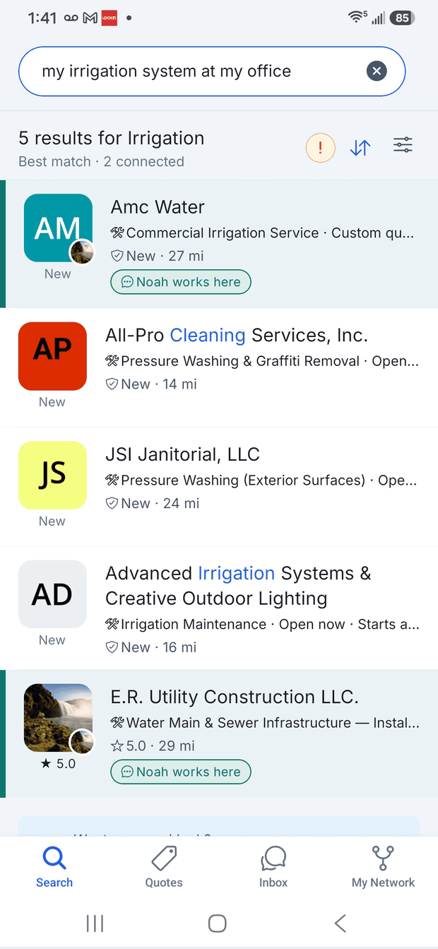 Ntros search results for an irrigation problem, showing matched pros with two flagged as connected because someone you know works there.