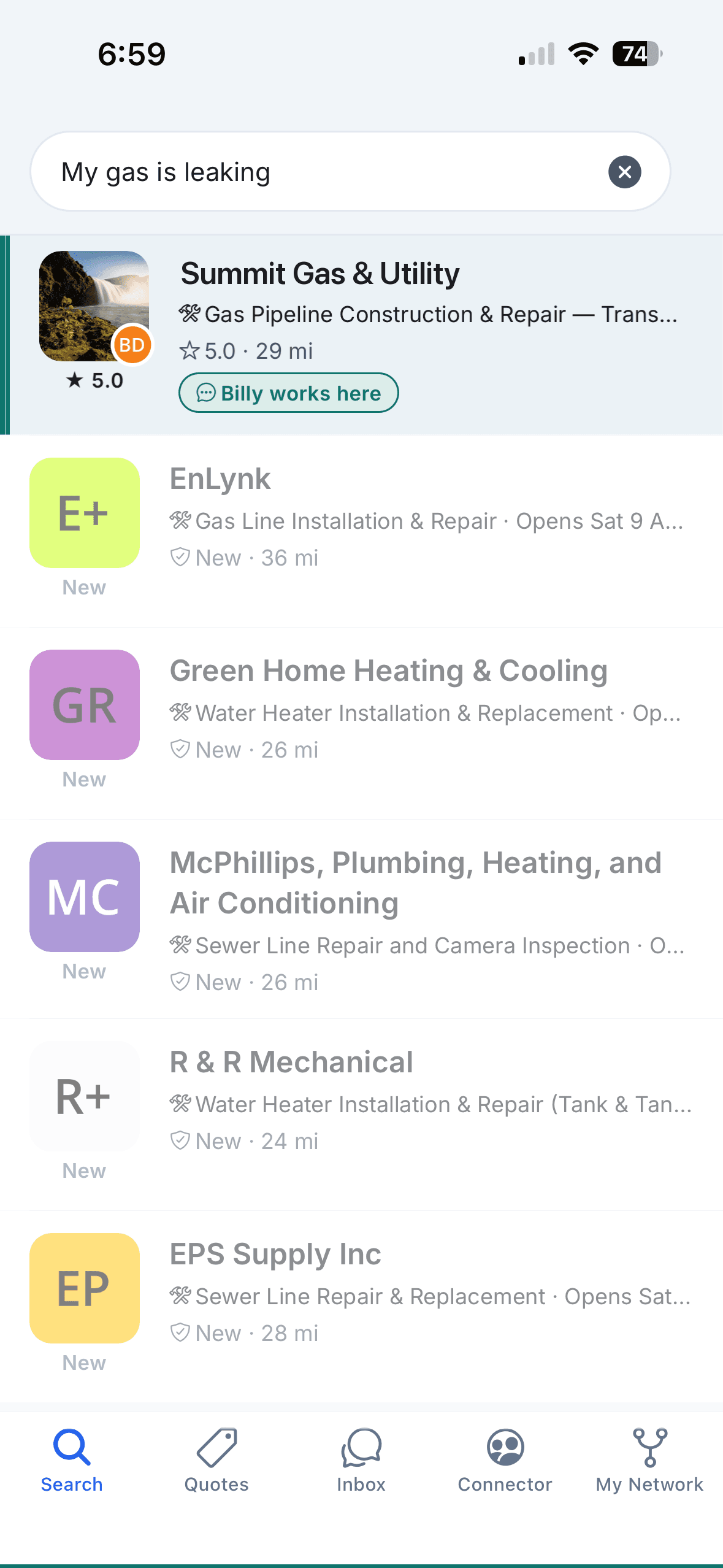 Ntros app search results after typing 'My gas is leaking', showing gas-repair pros nearby with the top result flagged 'Billy works here' and the other results de-emphasized.