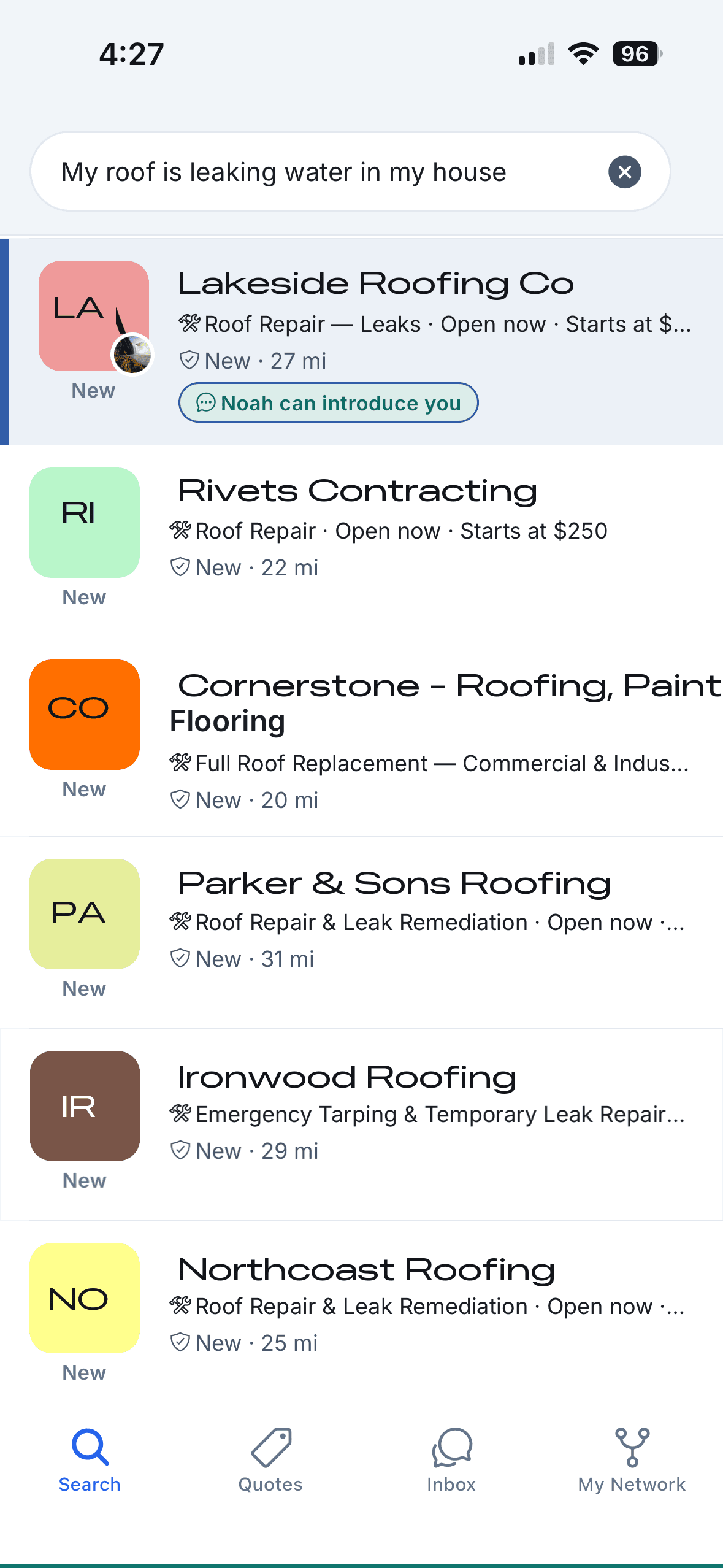 Ntros app search results after typing 'My roof is leaking water in my house', showing roofing pros nearby with one a friend can introduce you to.
